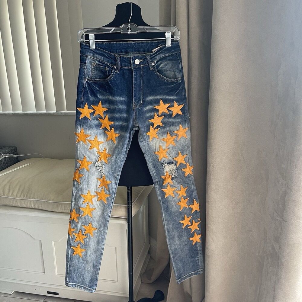 Watson Men's Chemist Star Orange Button Fly Lightwash Skinny Jeans 28